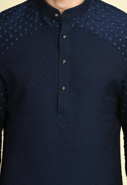 Men’s Nehru Jacket – Silk Jaquard in Navy Blue with Thread Embroidery | One Man Show