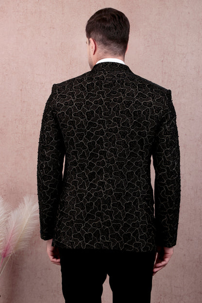 Men’s Tuxedo – Japanese Lycra in Black with Abstract Zari Embroidery | One Man Show