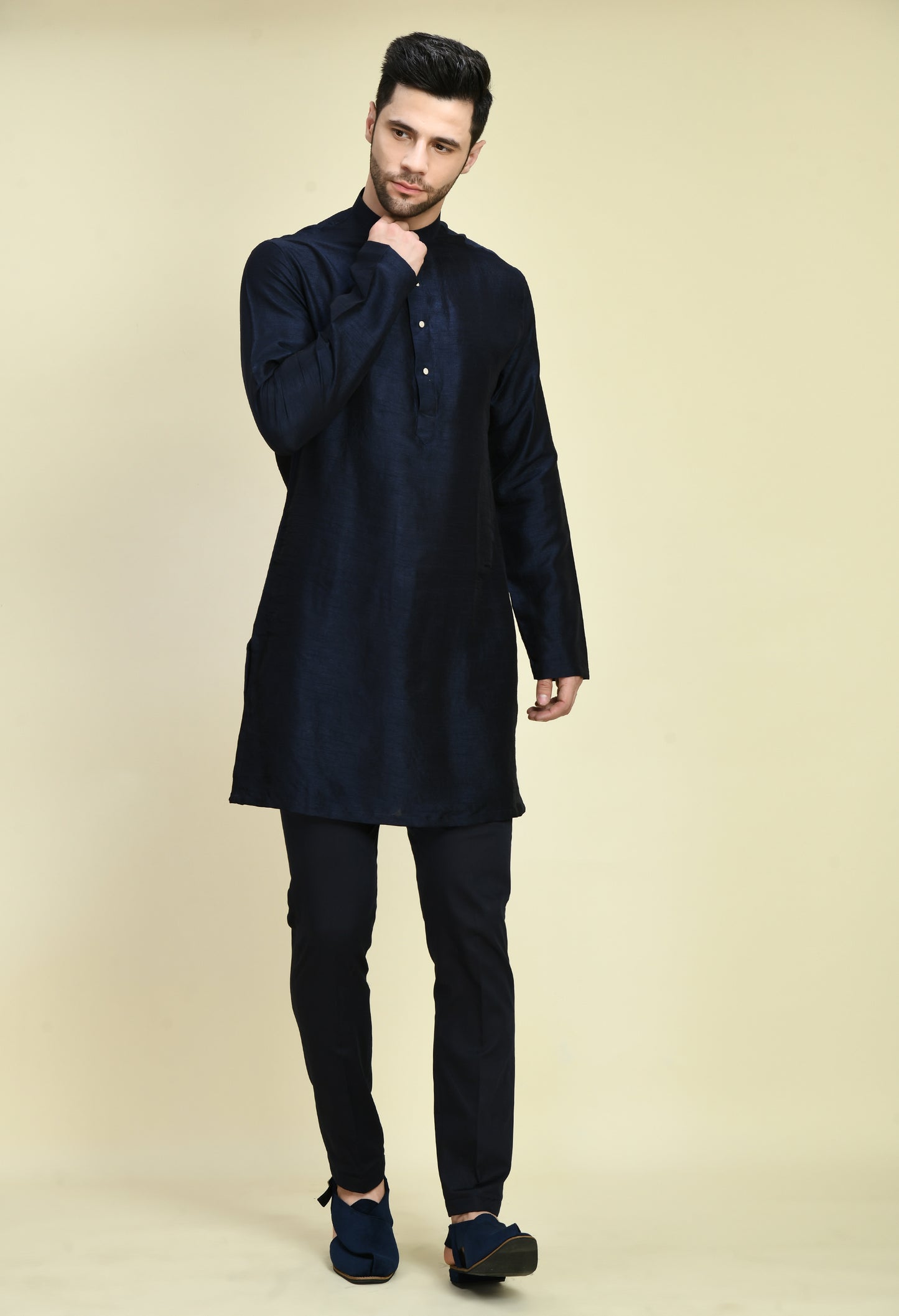 Side view - Men’s Nehru Jacket – Silk in Blue with Silk Thread Embroidery