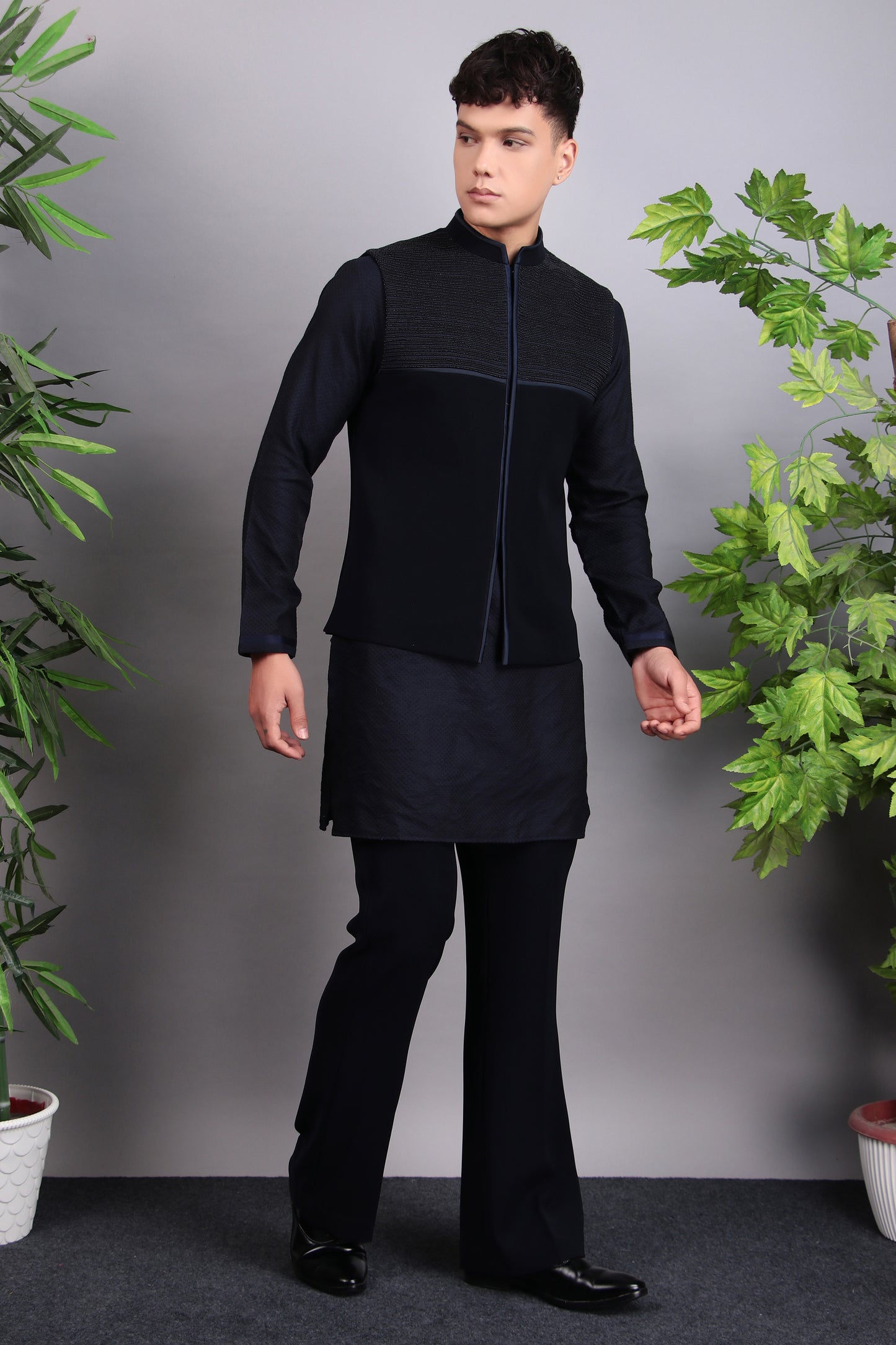 Detail view 2 - Men’s Nehru Jacket – Viscose Silk Fabric in Blue with Subtle Pintex and Bead Embroidery