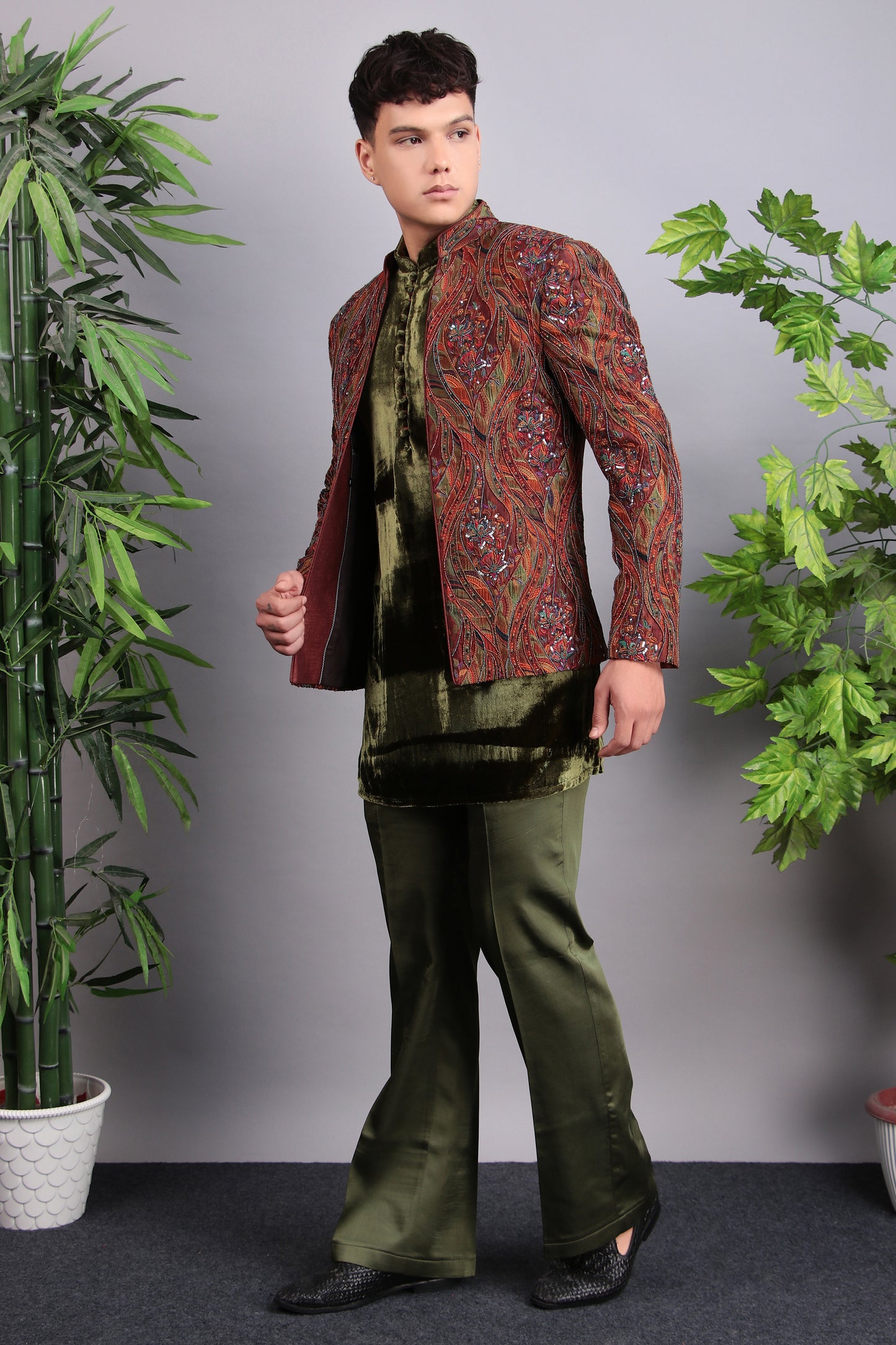 Back view - Men’s Indo-Western – Velvet Embroidered Fabric in Green with Multi Colored Floral Embroidery