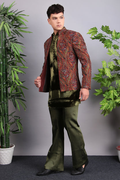 Men’s Indo-Western – Velvet Embroidered Fabric in Green with Multi Colored Floral Embroidery | One Man Show