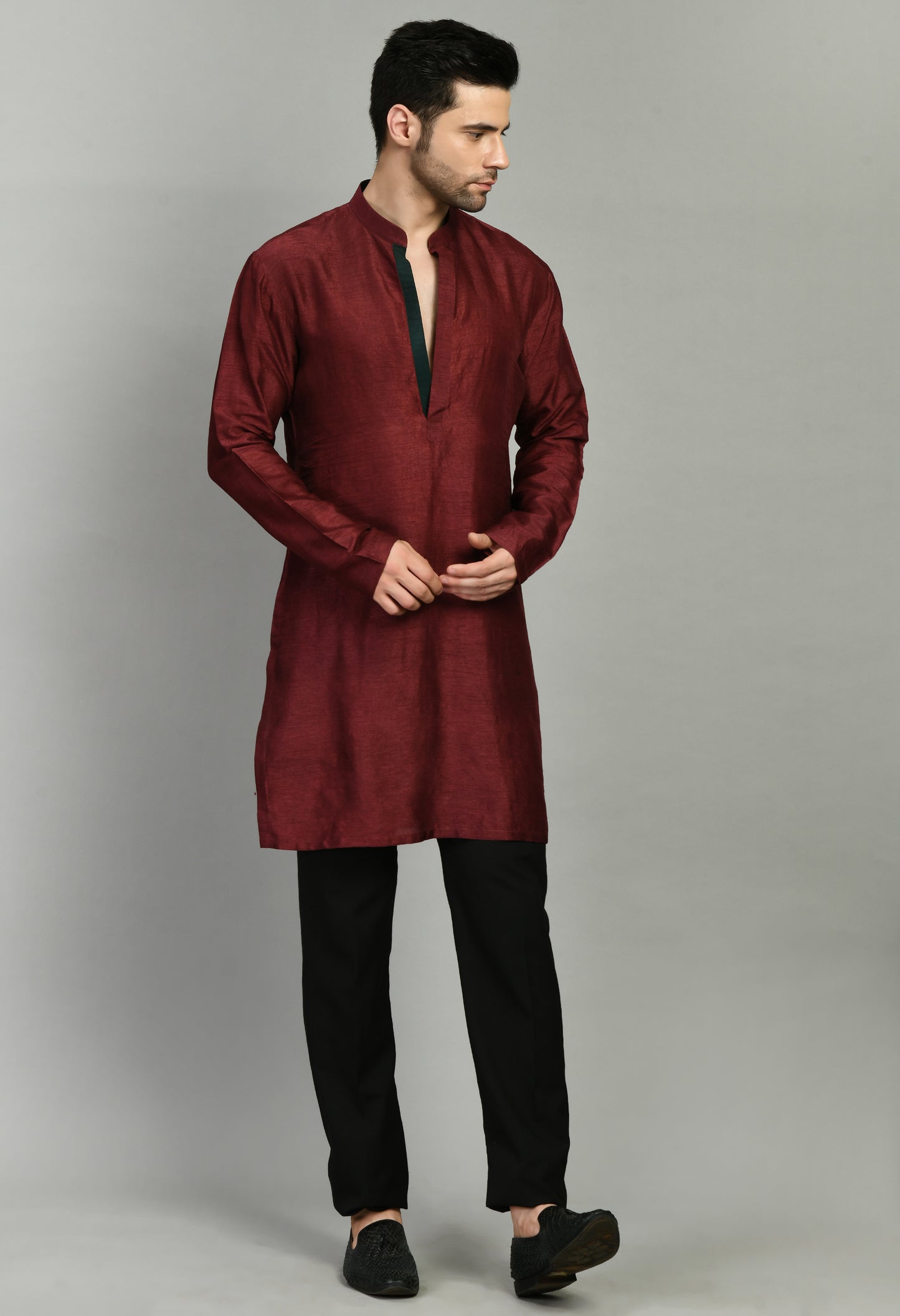 Detail view 3 - Men’s Nehru Jacket – Velvet Printed in Maroon with Front Open Design