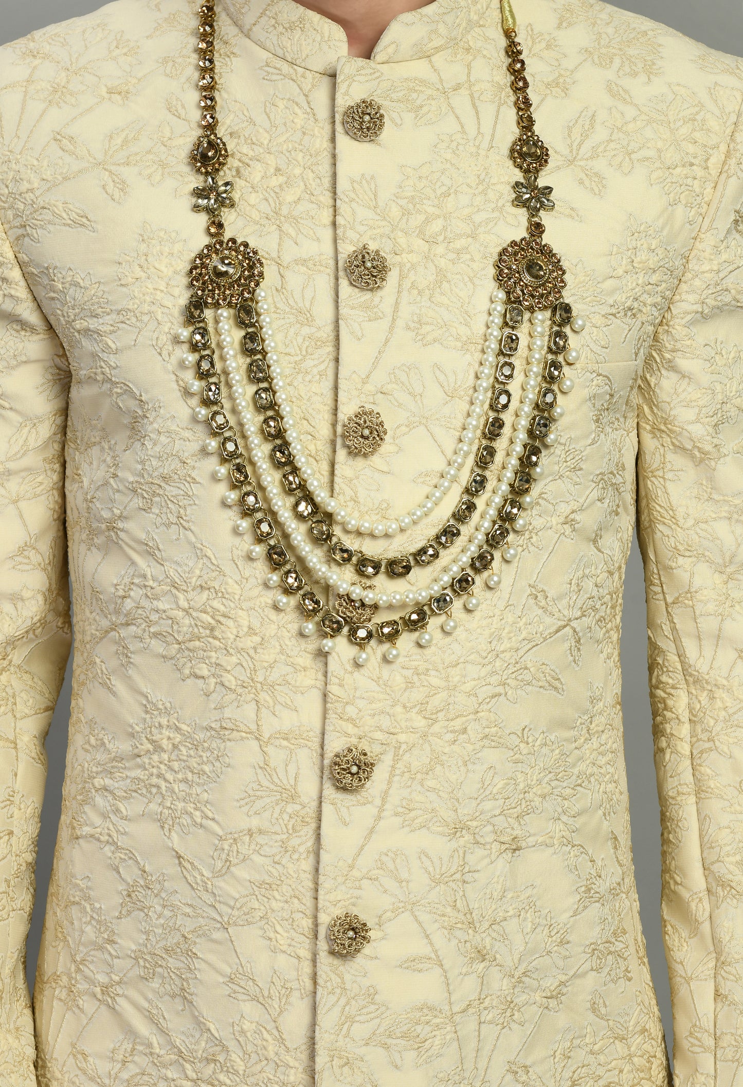 Detail view 1 - Men’s Sherwani – Silk in Cream with Detailed Hand Embroidery