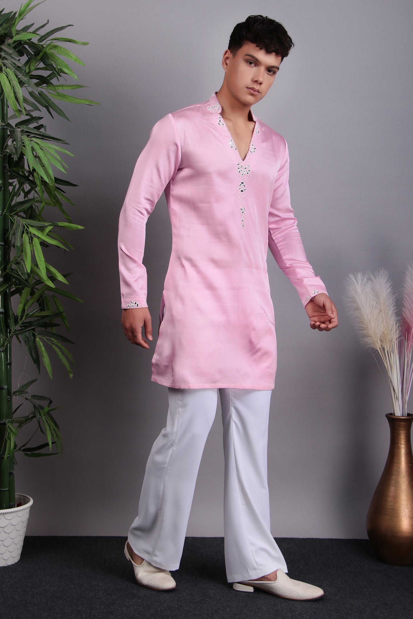 Detail view 1 - Men’s Kurta Set – Modal Satin in Pink with Tie and Dye & Silk Thread Embroidery
