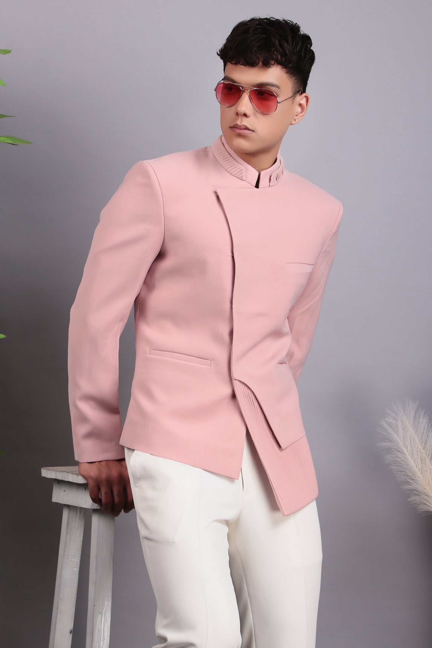 Side view - Men’s Bandhgala – Japanese Lycra in Pink with Modern Abstract Cut