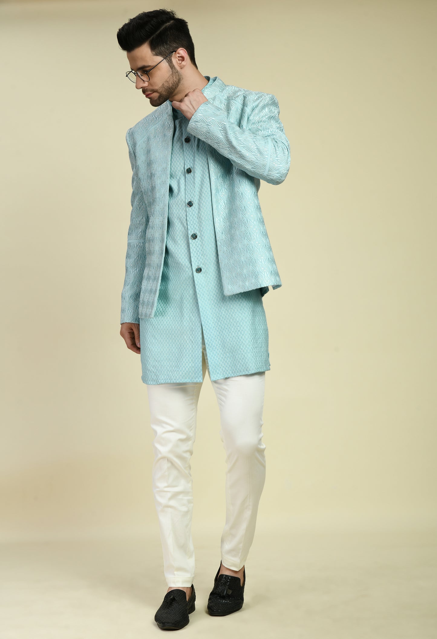 Detail view 3 - Men’s Indo-Western – Silk Georgette in Blue with Thread Embroidery