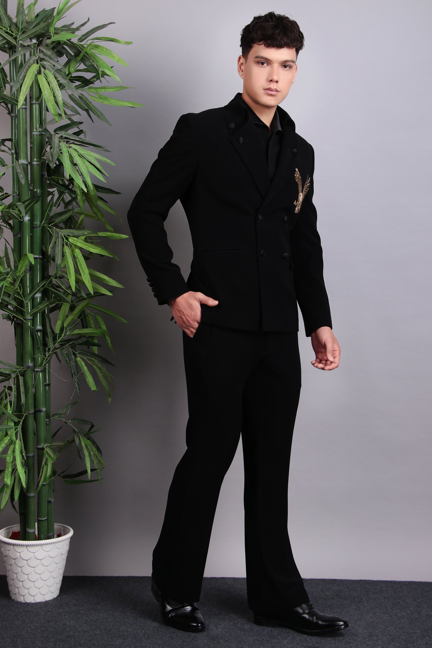 Detail view 1 - Men’s Tuxedo – Japanese Lycra in Black with Eagle Motif Embroidery