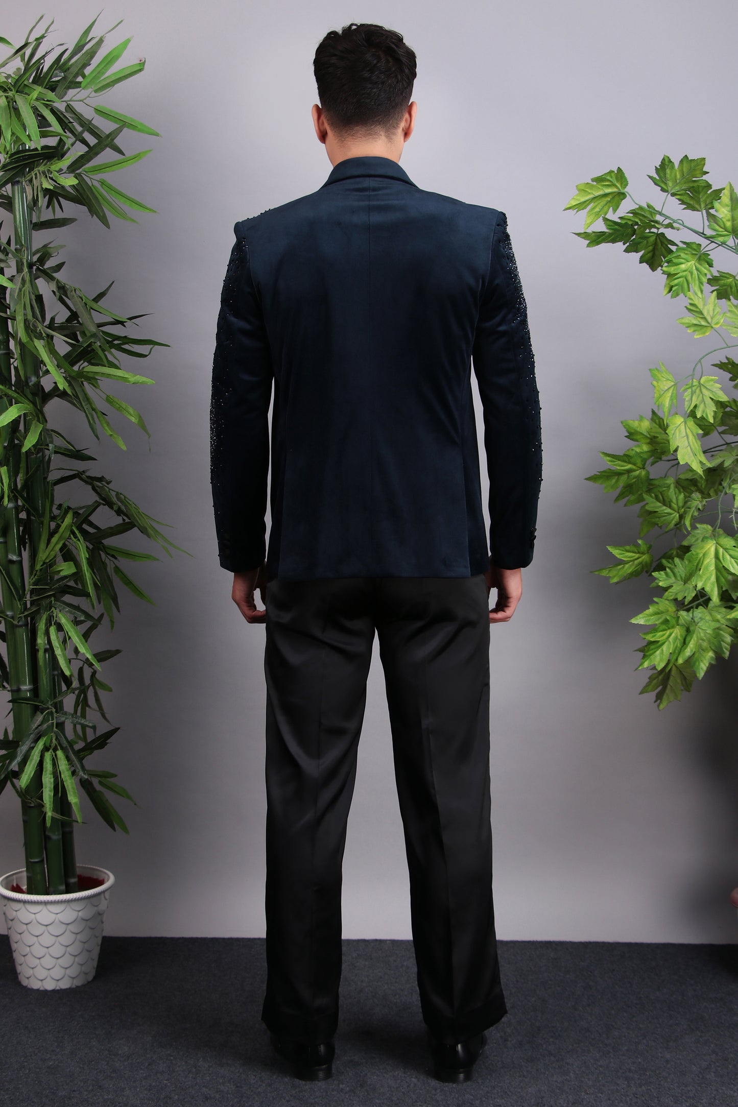 Detail view 4 - Men’s Indo-Western – Suede Top in Blue with Glass Abstract Placement Embroidery