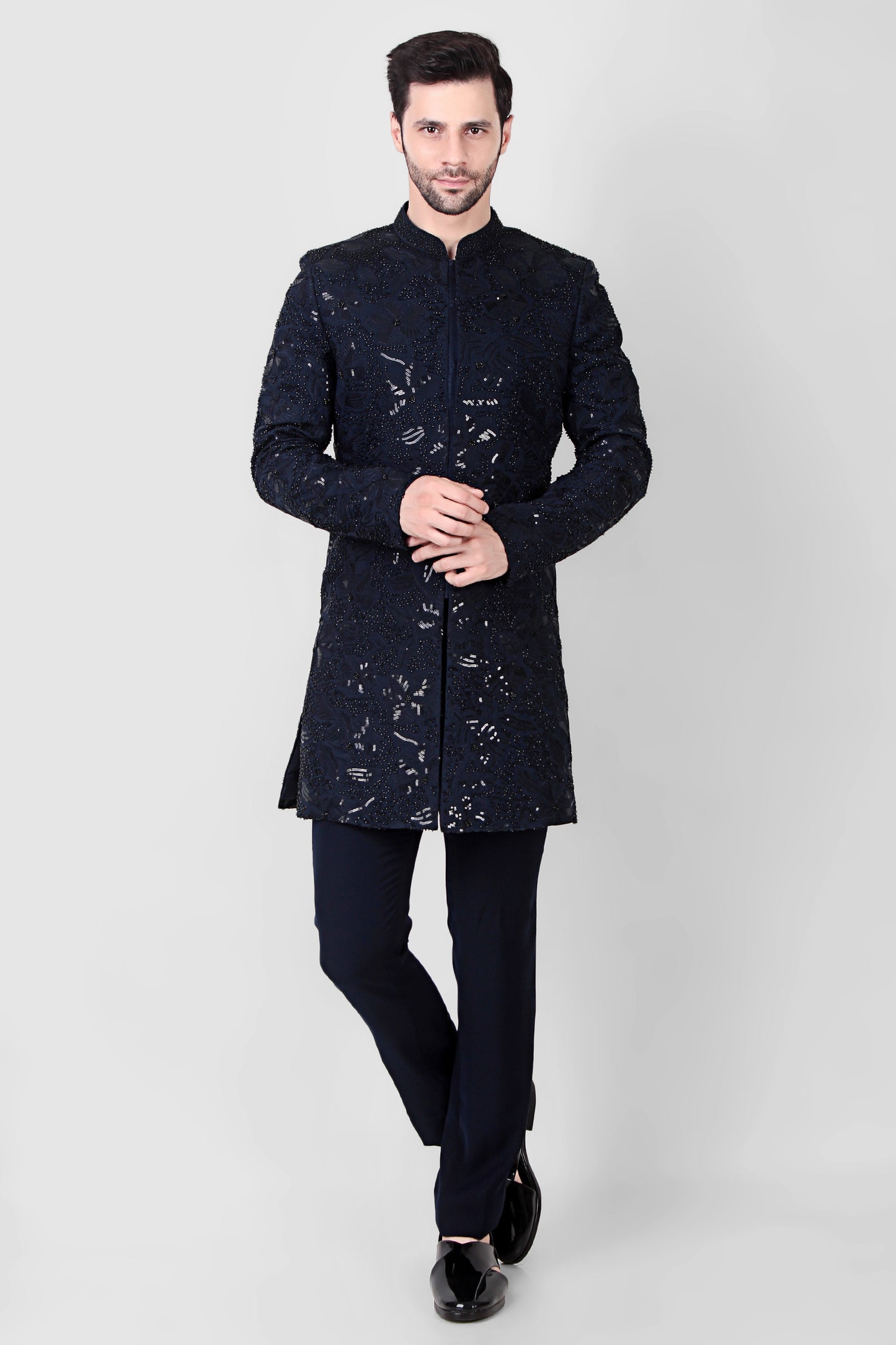 Side view - Men’s Indo-Western – Silk Georgette in Navy Blue with Beads and Sequins Embroidery