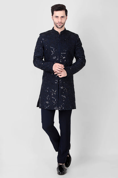Men’s Indo-Western – Silk Georgette in Navy Blue with Beads and Sequins Embroidery | One Man Show