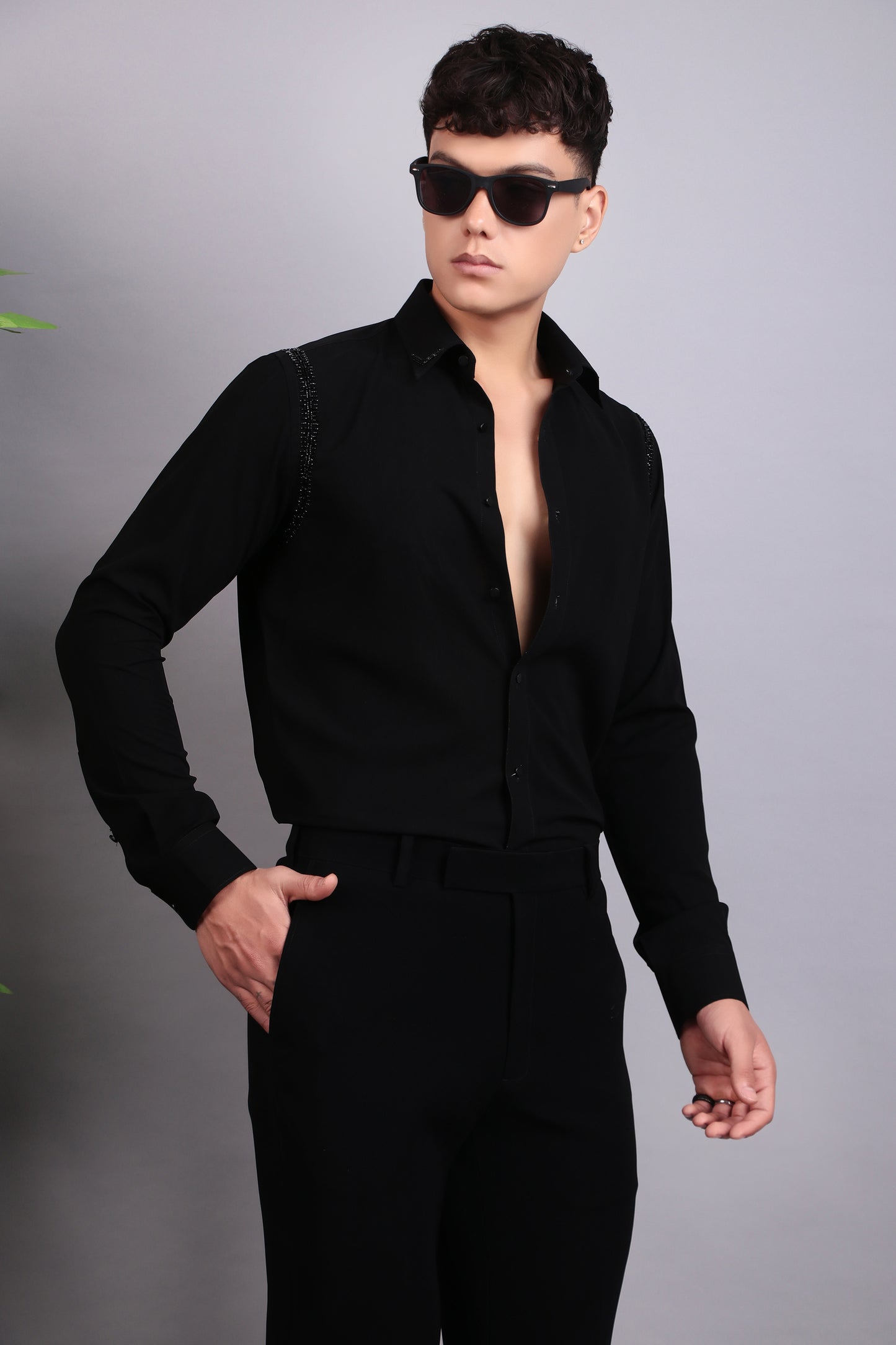 Men’s Shirt – Korean Wrinkle Free in Black with Shoulder Embroidery | One Man Show