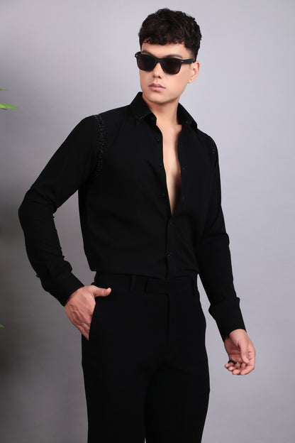Men’s Shirt – Korean Wrinkle Free in Black with Shoulder Embroidery | One Man Show