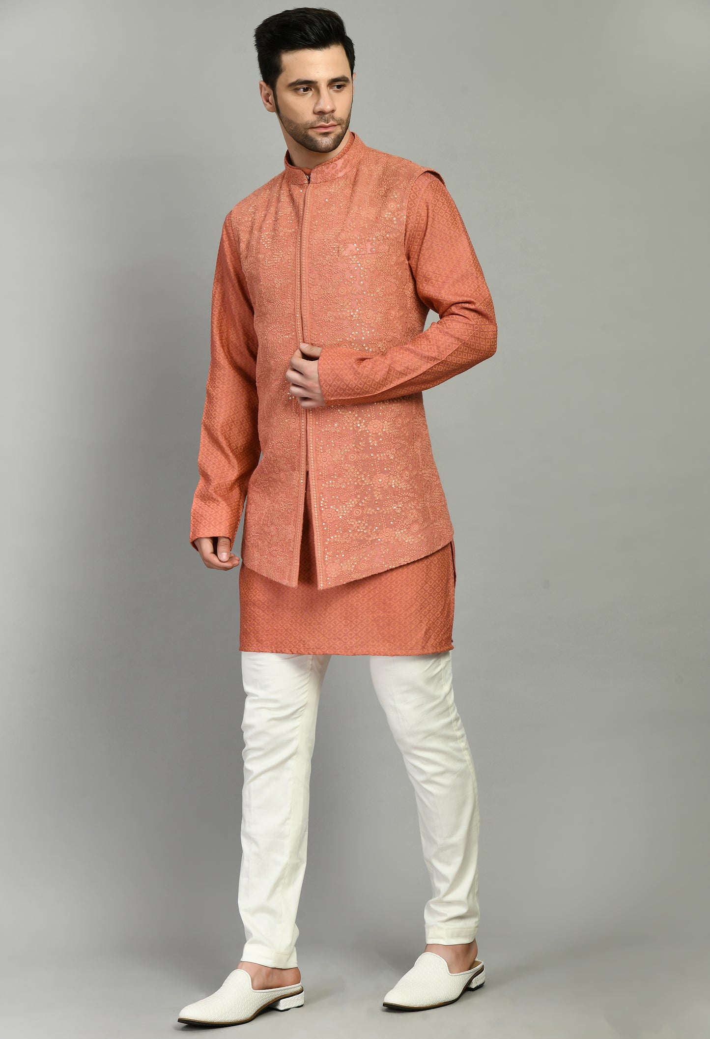 Side view - Men’s Nehru Jacket – Silk Georgette in Orange with Silk Thread and Sequins Embroidery