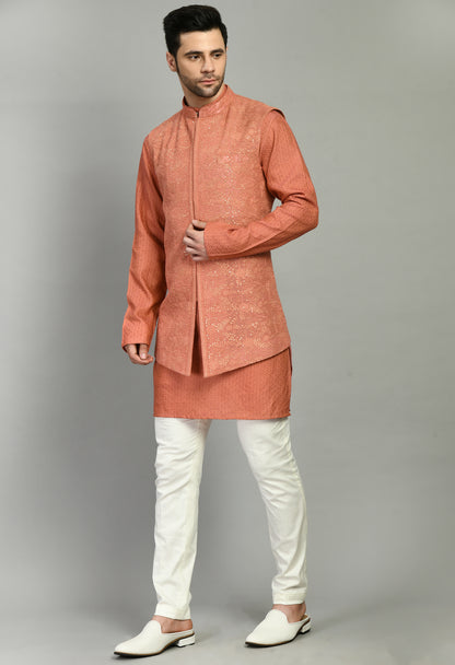 Men’s Nehru Jacket – Silk Georgette in Orange with Silk Thread and Sequins Embroidery | One Man Show