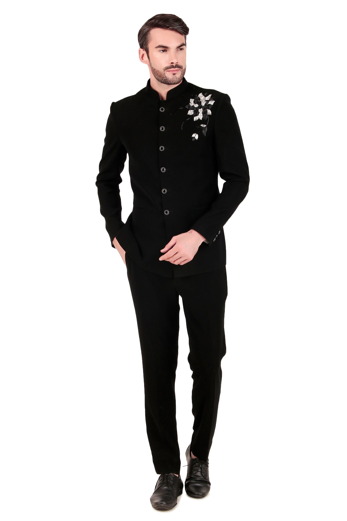 Side view - Men’s Bandhgala – Japanese Lycra in Black with Shoulder Placement Embroidery