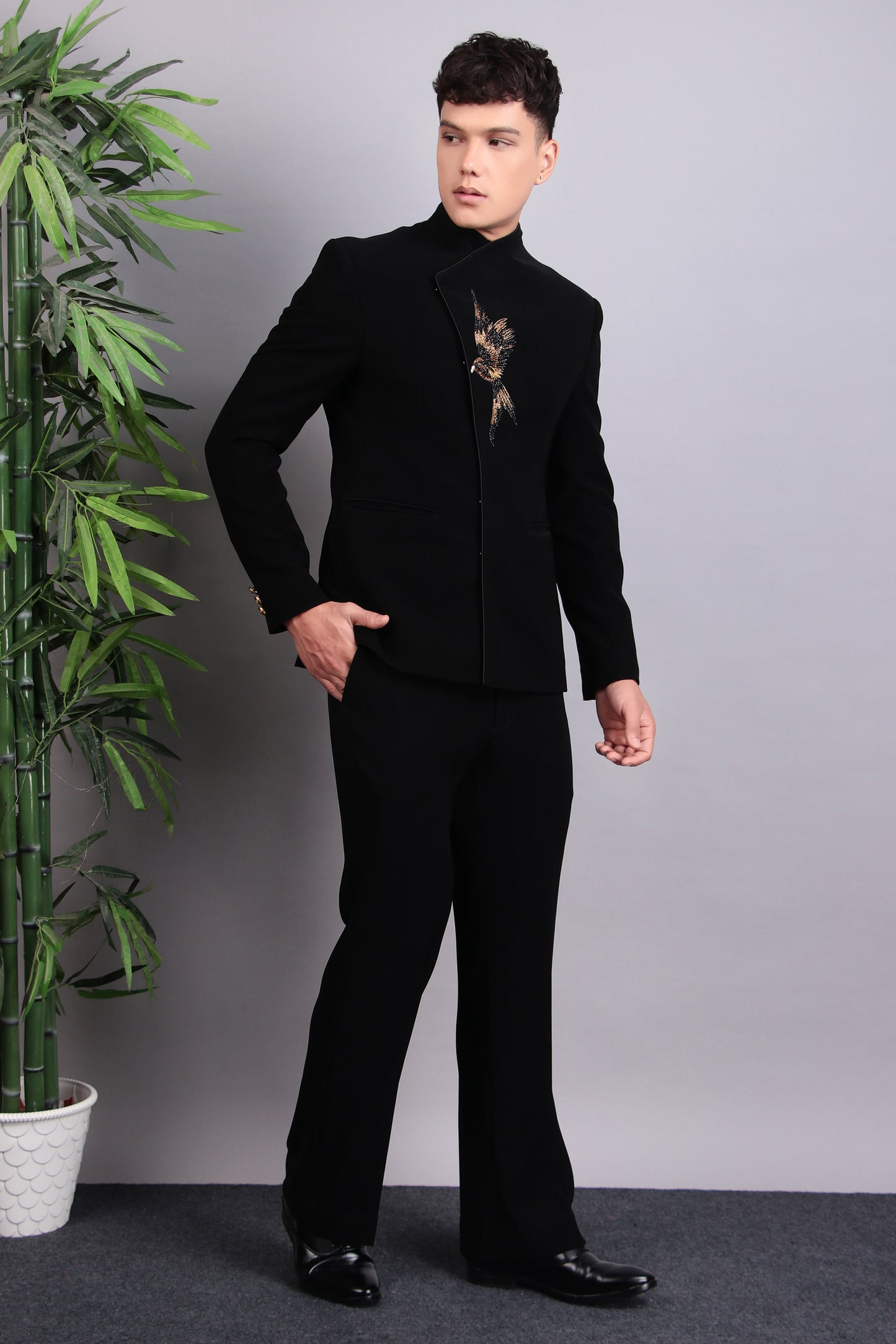 Detail view 2 - Men’s Bandhgala – Japanese Lycra in Black with Assymetric Front Cut and Bird Motif Embroidery