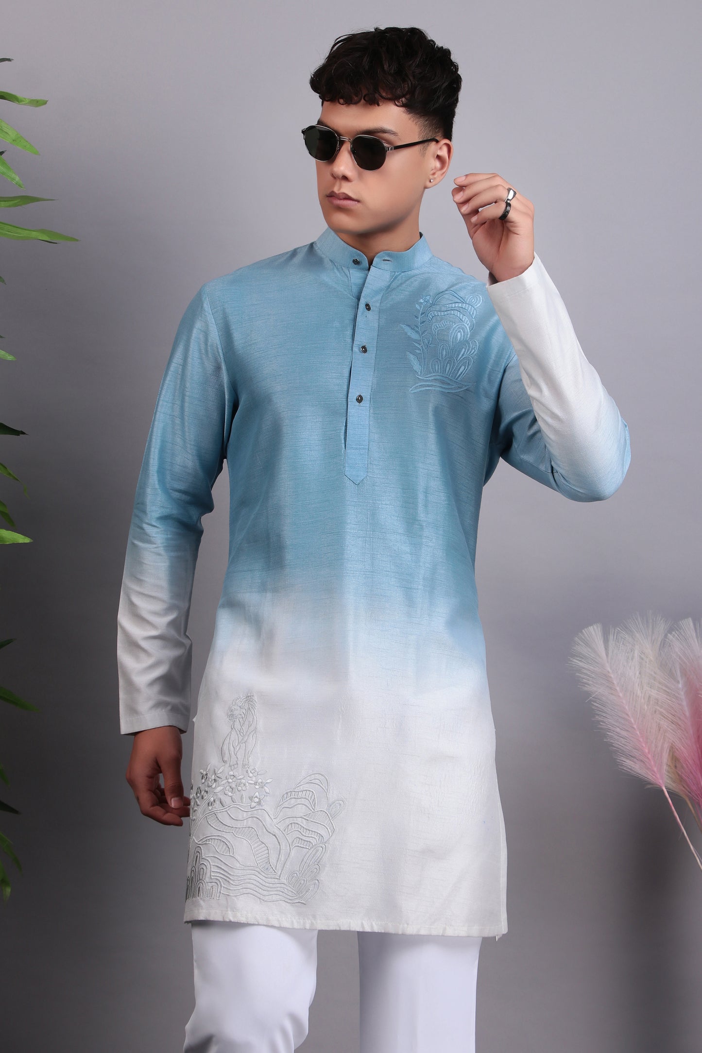 Side view - Men’s Kurta Set – Silk in Blue with Tie and Dye & Silk Thread Embroidery