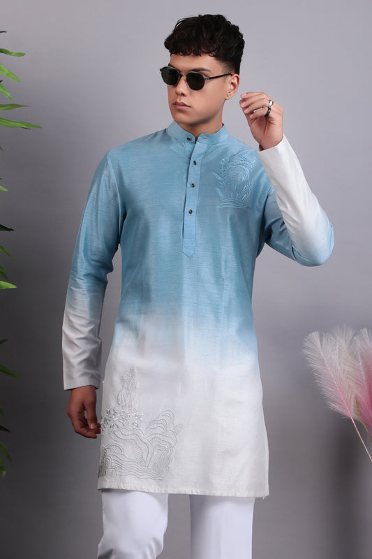 Men’s Kurta Set – Silk in Blue with Tie and Dye & Silk Thread Embroidery | One Man Show