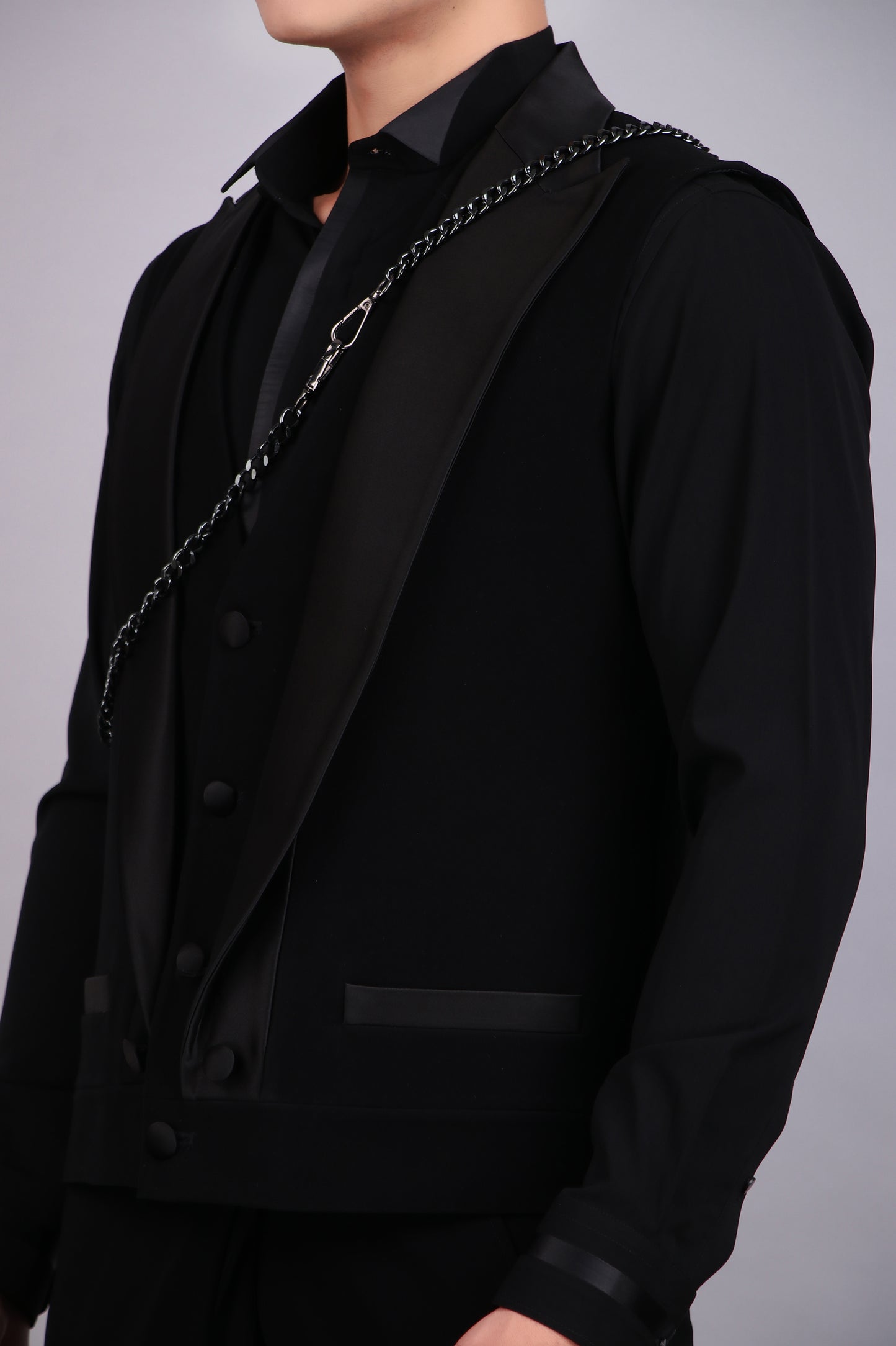 Detail view 1 - Men’s Tuxedo – Japanese Lycra in Black with Multi Layered Vest Style Jacket