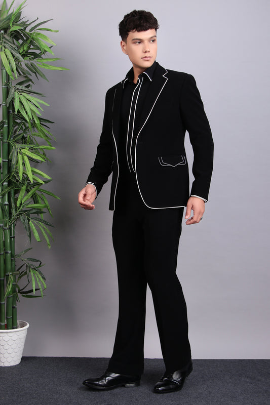 Front view - Men’s Tuxedo – Japanese Lycra in Black with White Piping Details