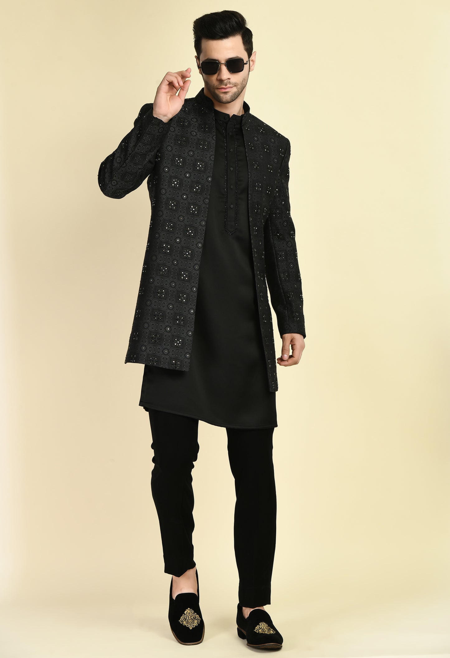 Front view - Men’s Indo-Western – Silk Jaquard in Black with Geometric Motif Embroidery