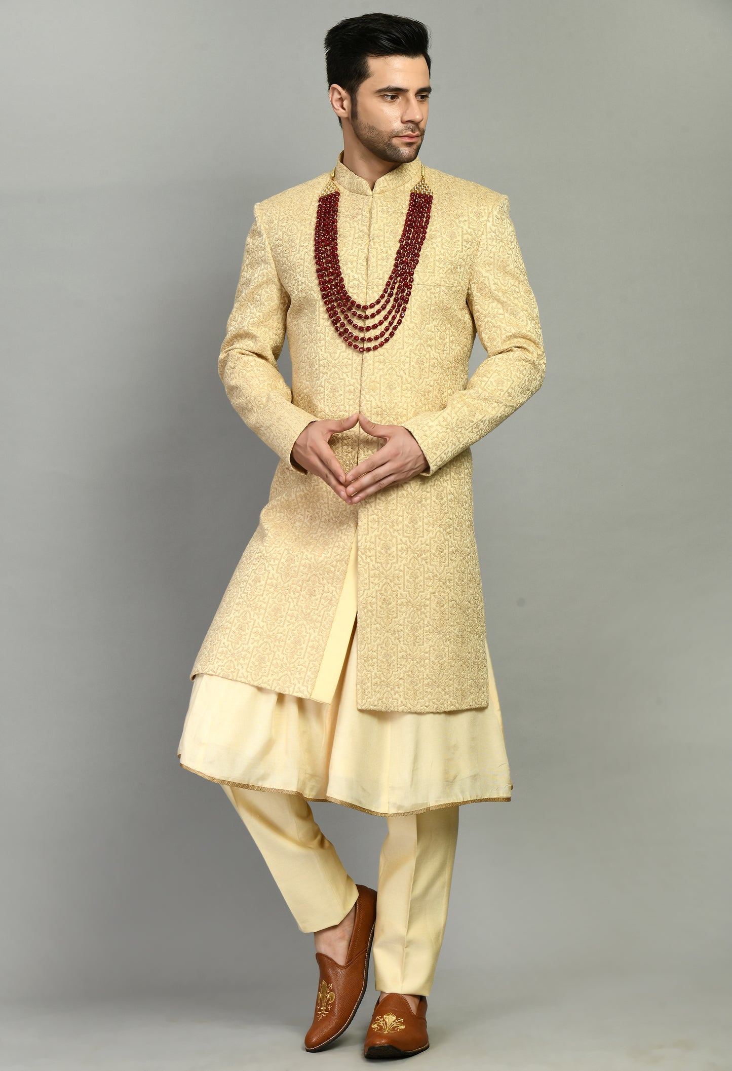 Front view - Men’s Sherwani – Silk in Beige with Detailed Hand Embroidery Allover