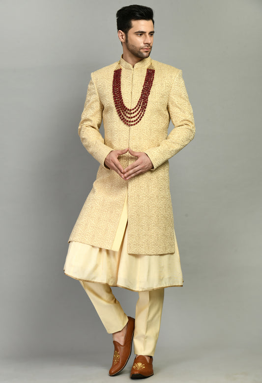Front view - Men’s Sherwani – Silk in Beige with Detailed Hand Embroidery Allover