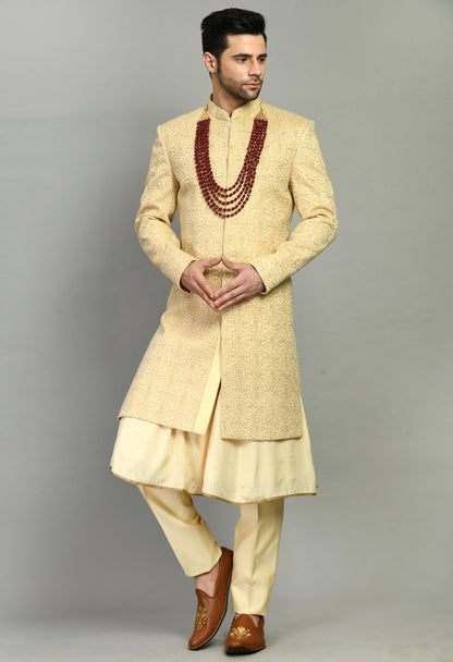 Men’s Sherwani – Silk in Beige with Detailed Hand Embroidery Allover | One Man Show