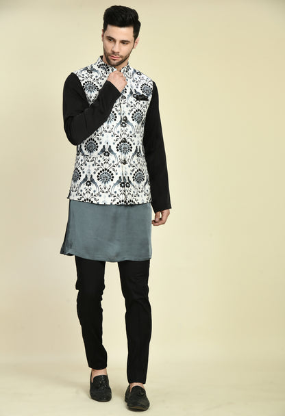 Men’s Nehru Jacket – Silk in Grey with Silk Thread Embroidery | One Man Show
