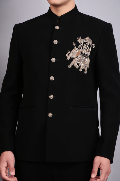 Men’s Bandhgala – Japanese Lycra in Black with Patch Motif Embroidery | One Man Show