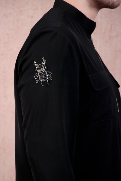 Men’s Kurta Set – Korean Wrinkle-Free in Black with Bug-Motif Embroidery & Half-Zip | One Man Show