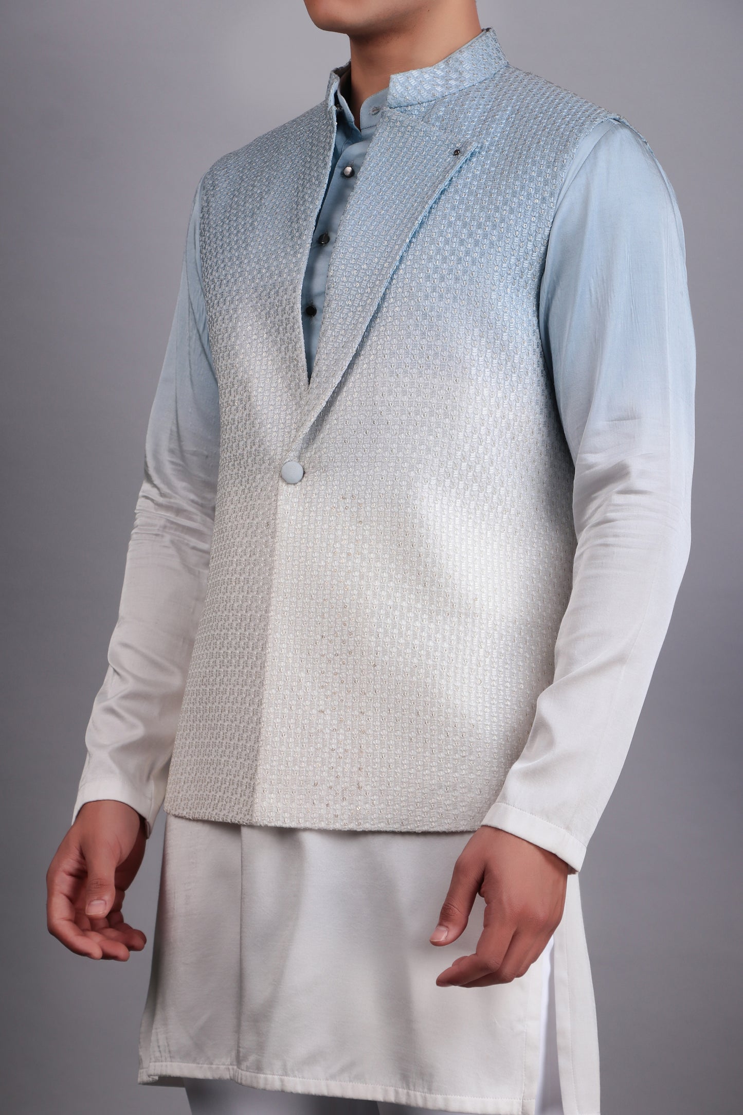 Detail view 1 - Men’s Kurta Set – Georgette Embroidered in Blue with Tie and Die Lapel Design