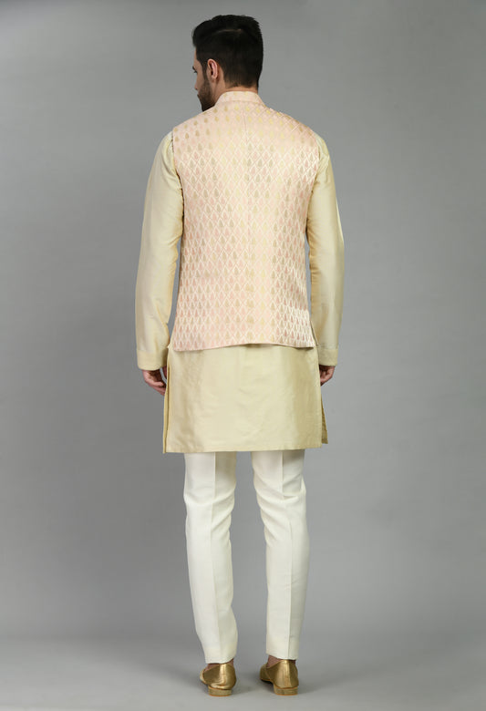 Front view - Men’s Nehru Jacket – Silk in Pink with Silk Jaquard