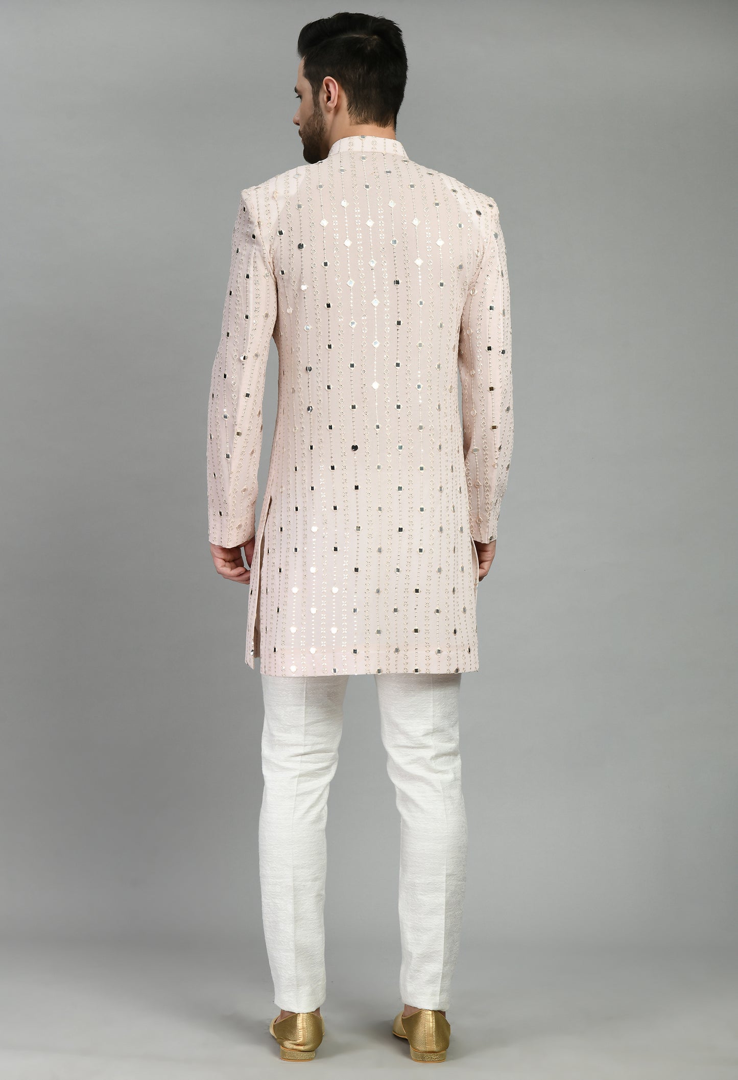 Back view - Men’s Indo-Western – Silk Georgette in Pink with Mirror Work Embroidery