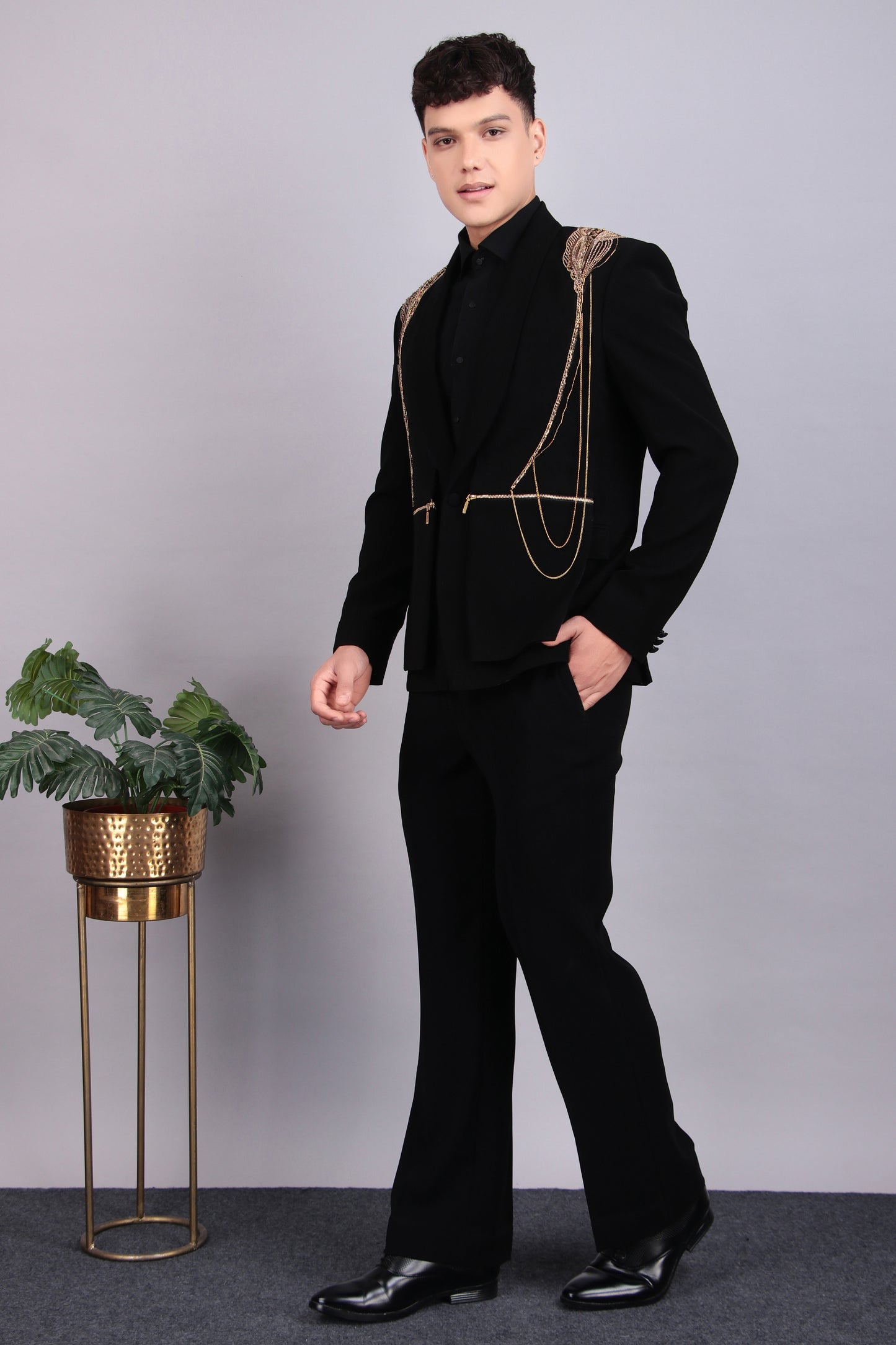Men’s Tuxedo – Japanese Lycra in Black with Golden Embroidery | One Man Show