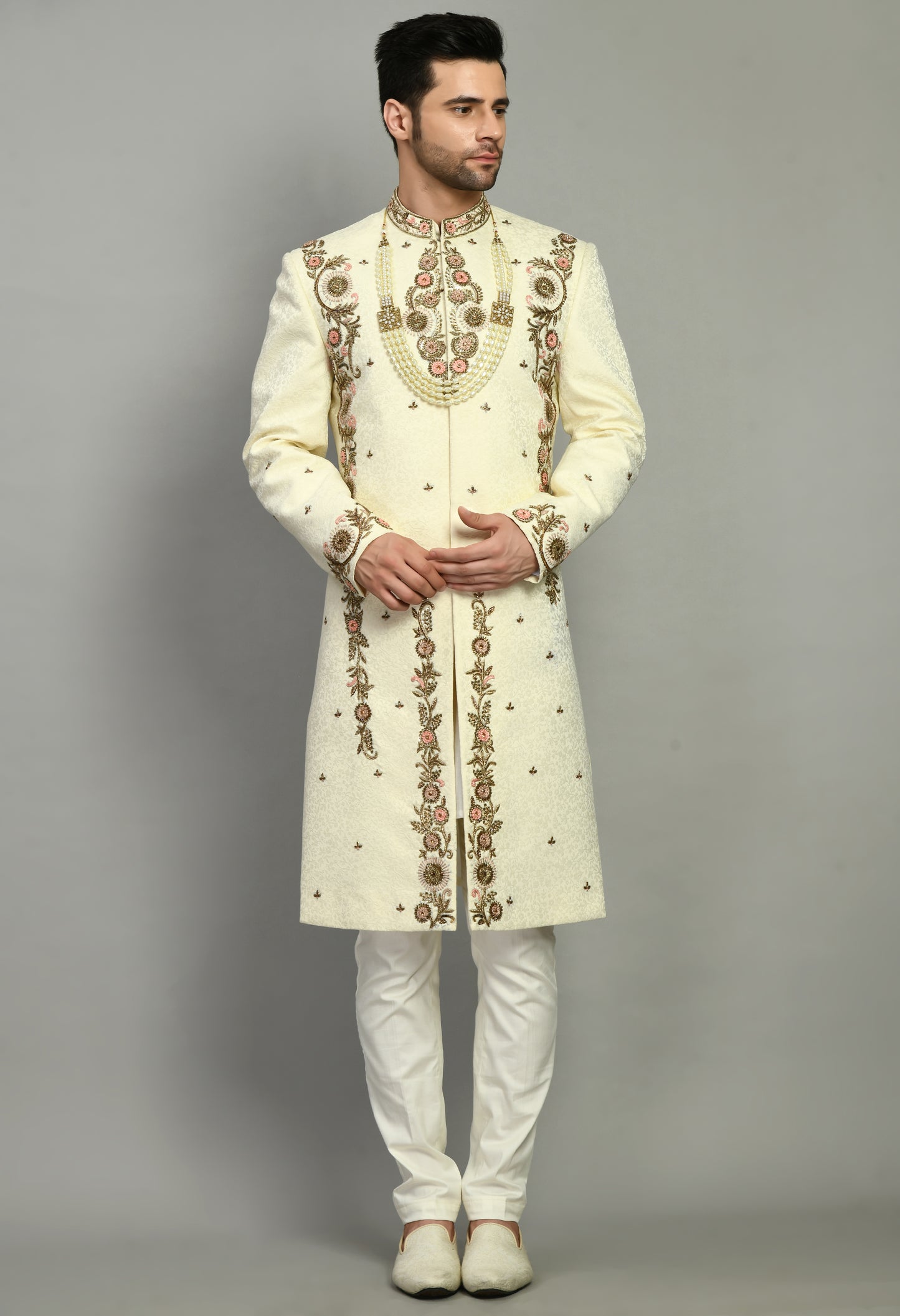 Front view - Men’s Sherwani – Silk in Ivory with Detailed Hand Embroidery
