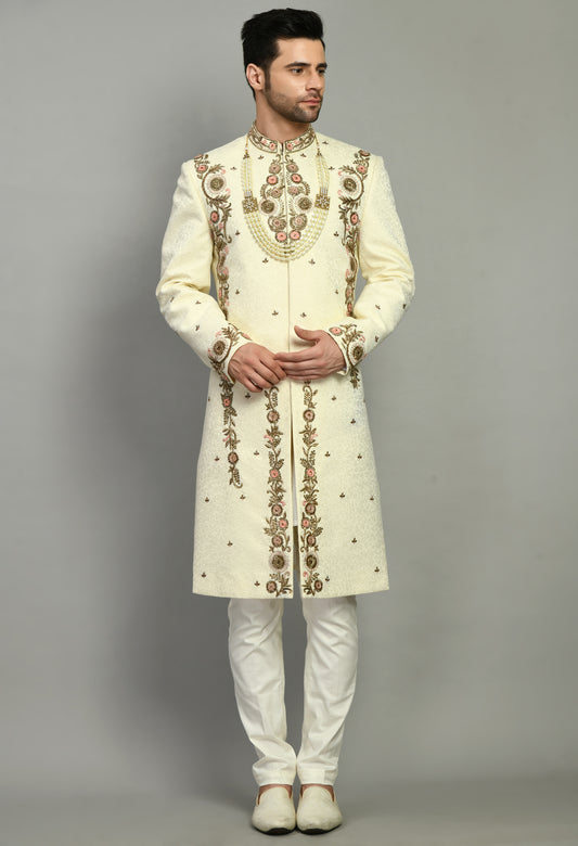 Front view - Men’s Sherwani – Silk in Ivory with Detailed Hand Embroidery