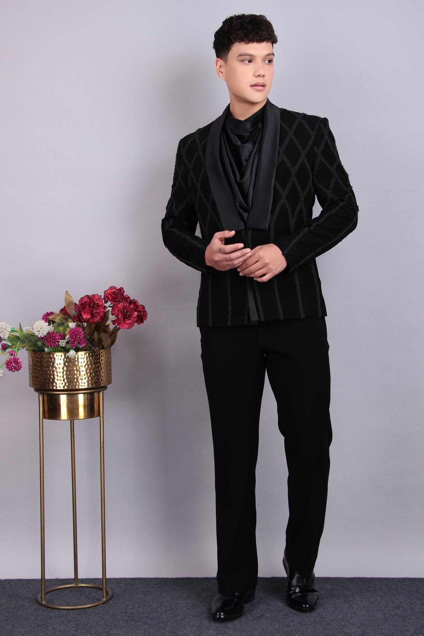 Side view - Men’s Tuxedo – Japanese Lycra in Black with Beads Embroidery