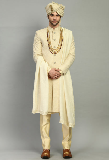 Men’s Sherwani – Silk in Cream with Detailed Hand Embroidery Allover | One Man Show
