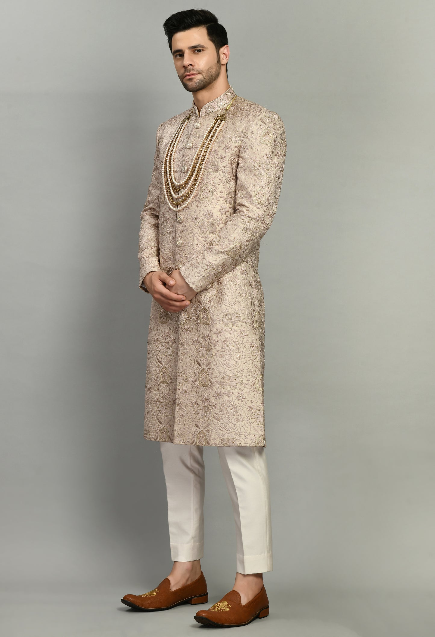 Front view - Men’s Sherwani – Silk in Pink with Detailed Hand Embroidery
