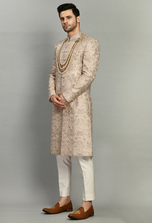 Front view - Men’s Sherwani – Silk in Pink with Detailed Hand Embroidery