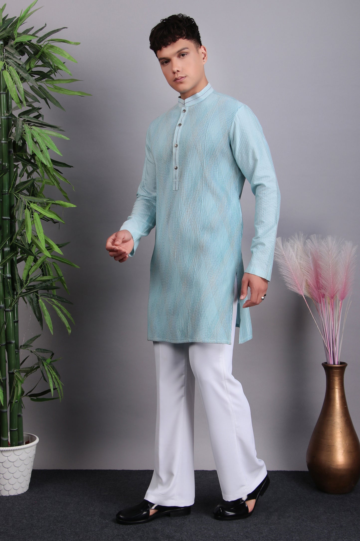 Detail view 1 - Men’s Kurta Set – Silk Cotton in Blue with Thread Work and Pintex Fabric Manipulation
