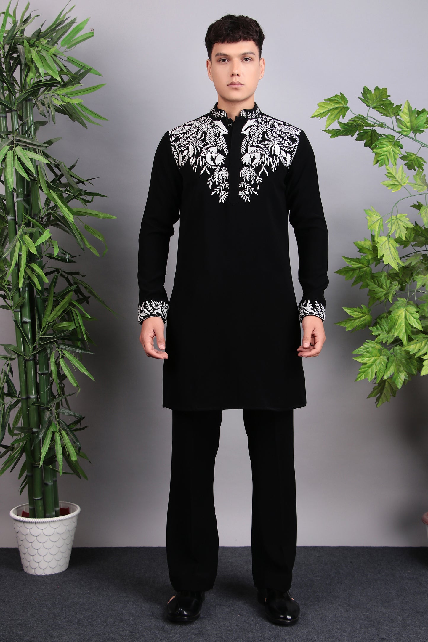 Men’s Kurta Set – Korean Wrinkle Free in Black with Silk Thread Embroidery | One Man Show