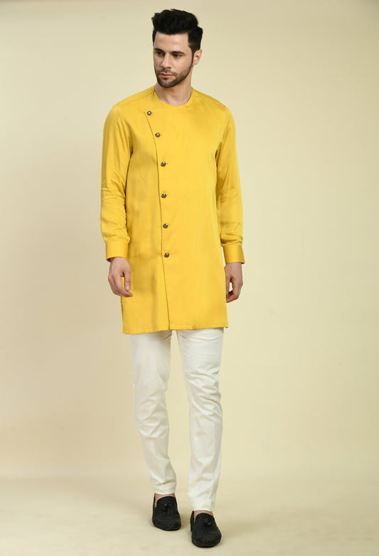 Front view - Men’s Nehru Jacket – Silk in Yellow with Silk Thread Embroidery