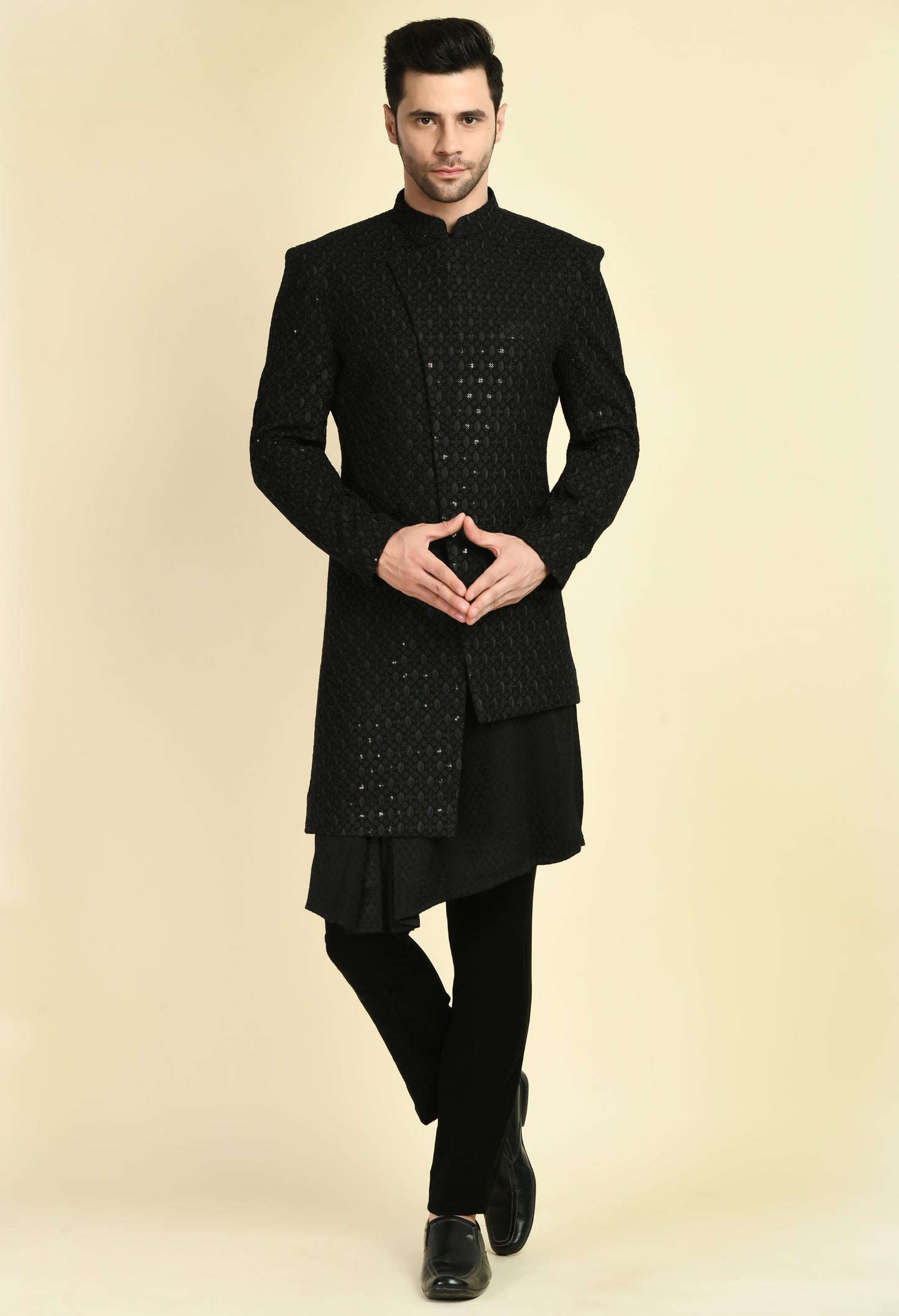 Front view - Men’s Indo-Western – Silk Georgette in Black with Angrakha Front and Draped Kurta