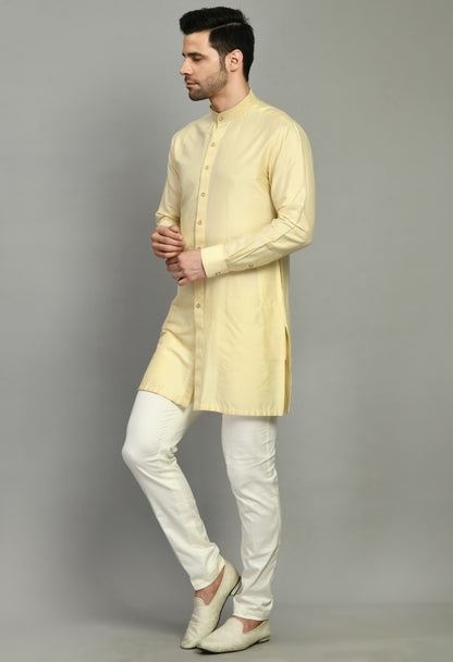 Men’s Kurta Set – Modal Satin in Cream with Embroidery Border Stoll | One Man Show