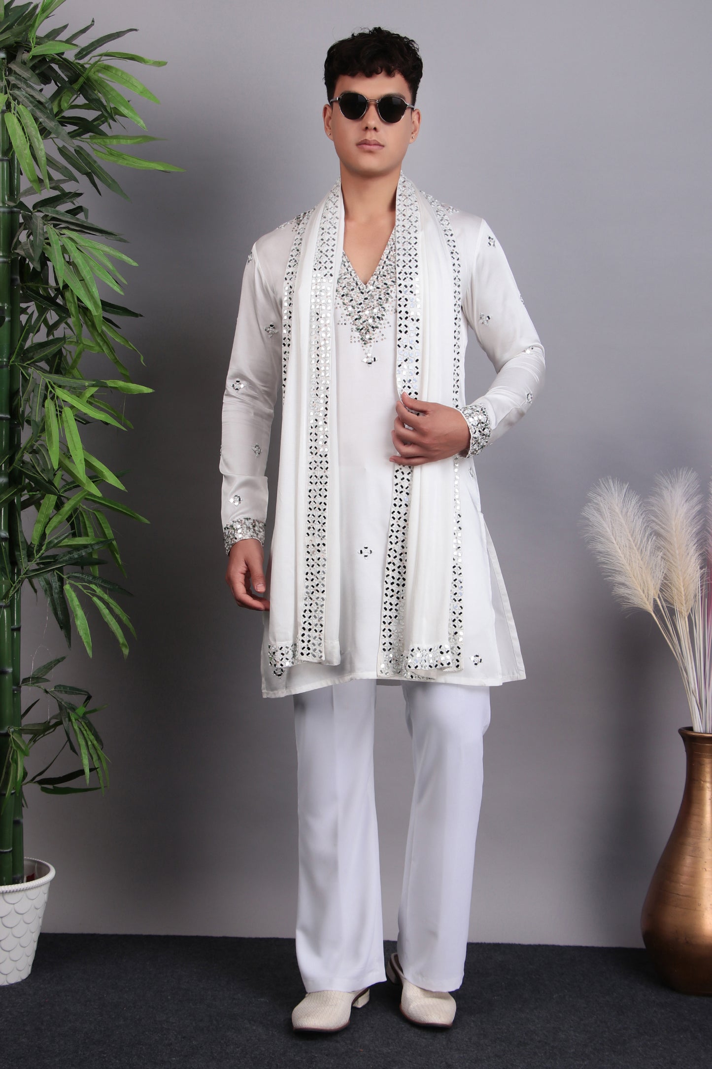 Detail view 3 - Men’s Kurta Set – Modal Satin in White with Brads, Stone and Mirror Embroidery