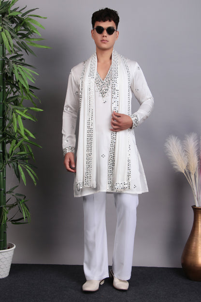 Men’s Kurta Set – Modal Satin in White with Brads, Stone and Mirror Embroidery | One Man Show