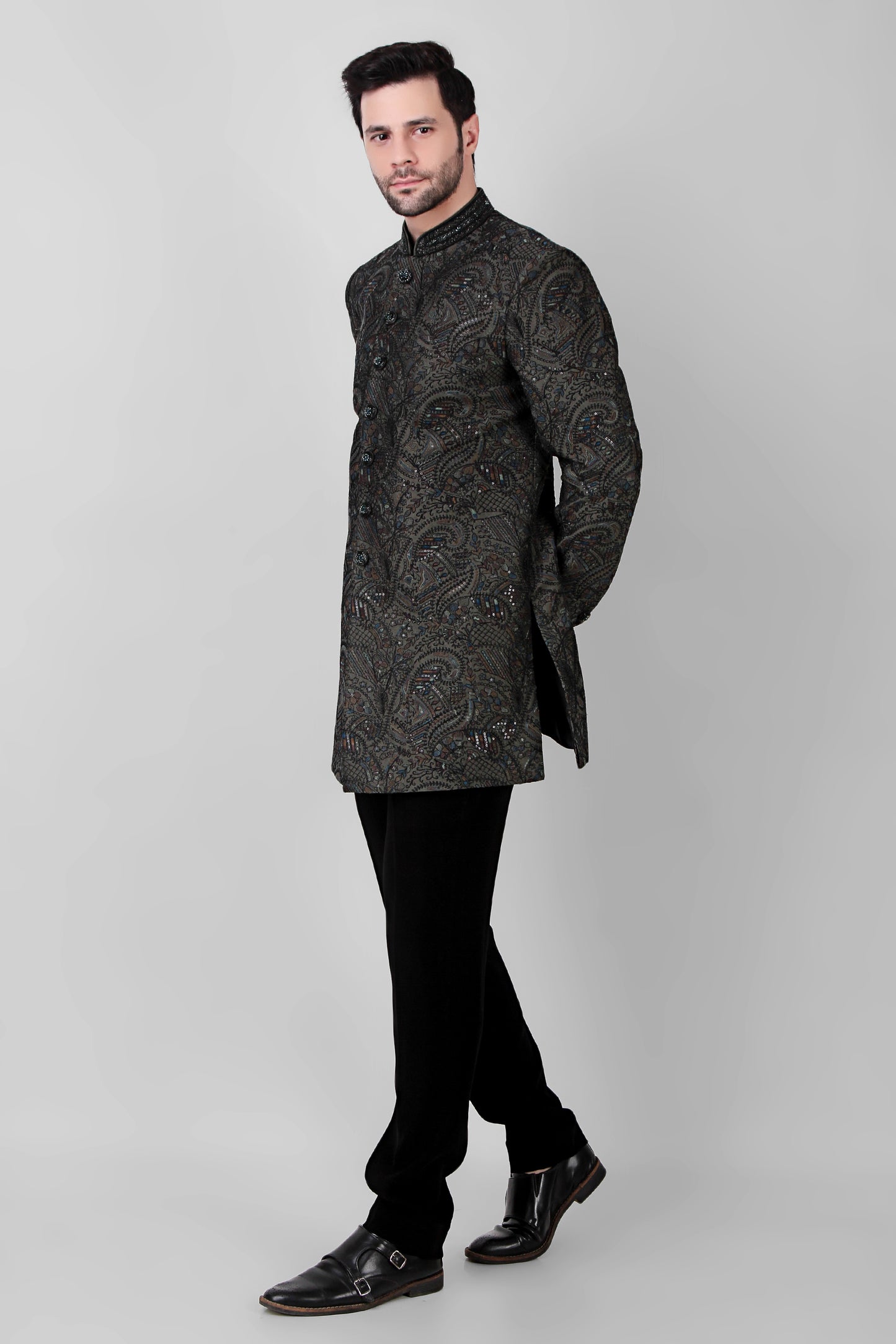 Detail view 1 - Men’s Indo-Western – Silk Top in Green with Dori and Silk Thread Embroidery